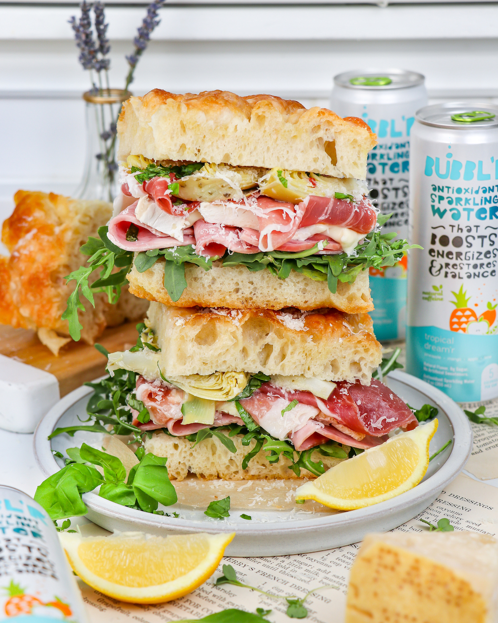 Homemade Focaccia Sandwiches with Prosciutto, Brie, & Arugula